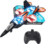 RC fighter jet toy airplane with blue/red lights and black remote controller
