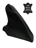 Black leather handbrake boot with white contrast stitching, angled view