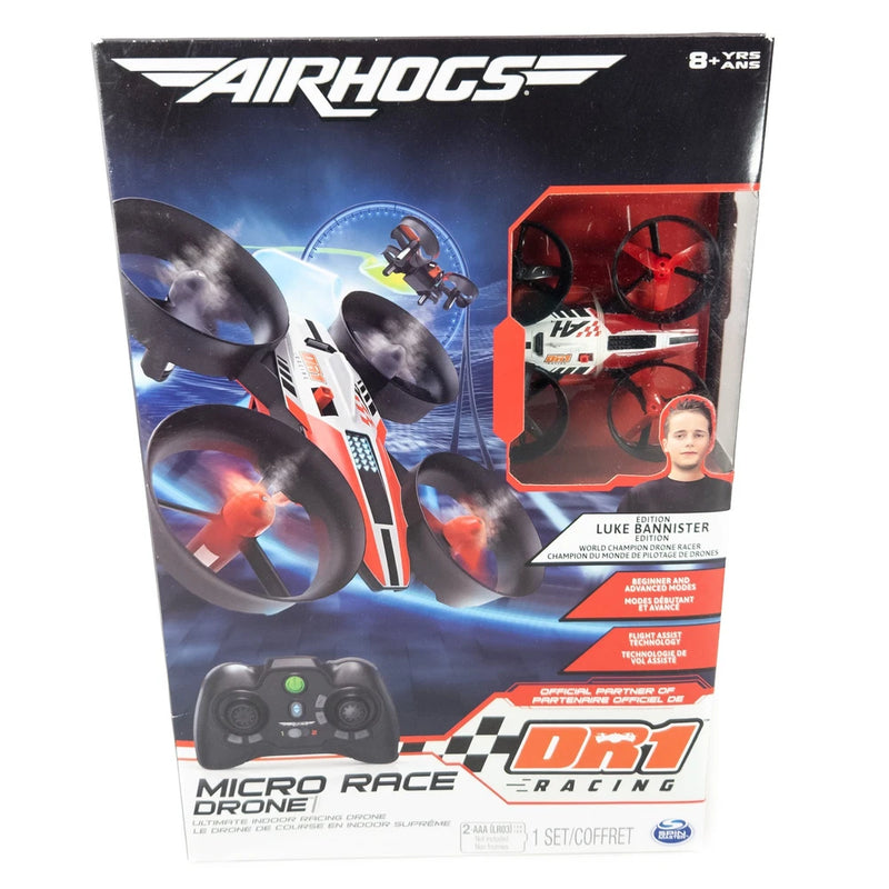 AirHogs DR1 Micro Race Drone retail box with Luke Bannister and DR1 Racing graphics