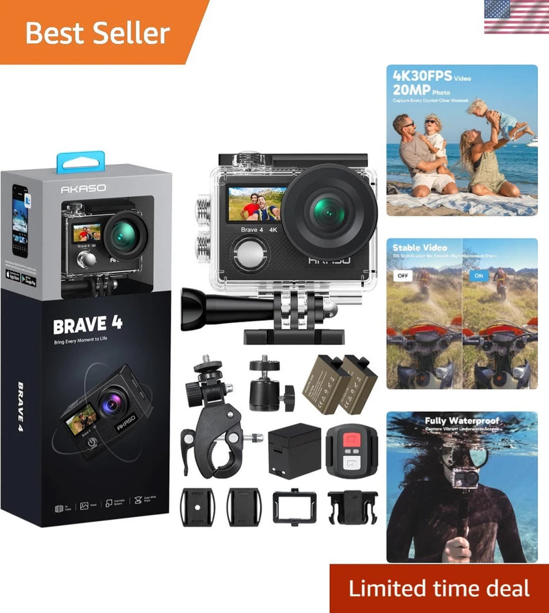 Brave 4 Action Camera 4K 30fps Ultra Hd Video 20MP Photo, EIS, WiFi, 2X Batte...