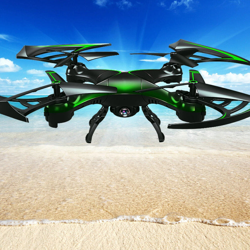 RC hexacopter drone with HD camera, black and green, six-rotor frame
