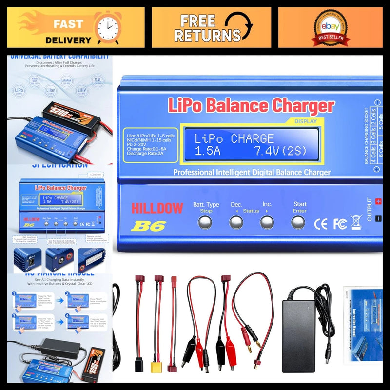 80W Mini Lipo Balance Charger with Power Supply for RC Cars, LiPo, NiMH, NiCd Battery