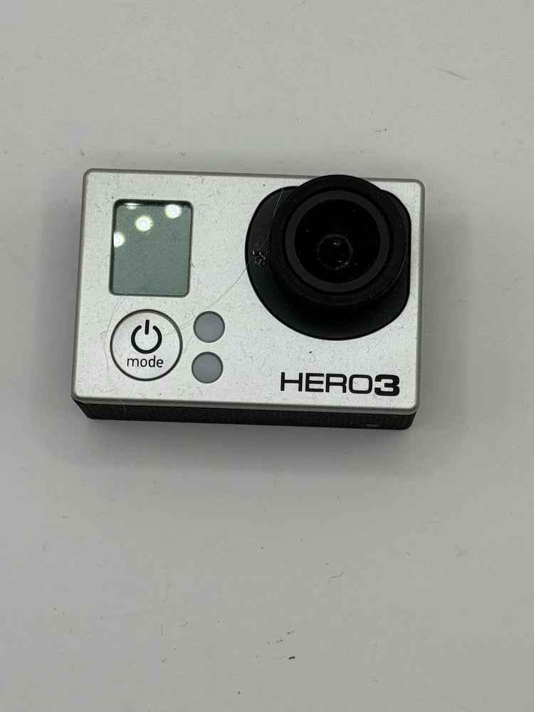 Black and silver HERO3 action camera with large lens and mode buttons