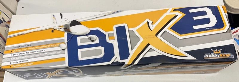 HobbyKing RC airplane kit box with blue and yellow BIX 3 graphics