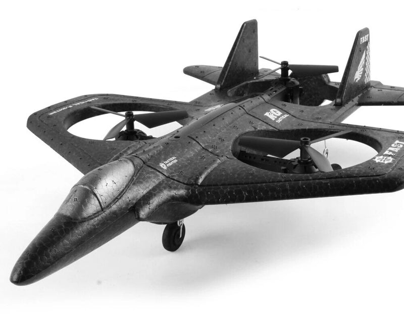RC combat stunt glider drone aircraft with four propellers, black body, fixed wings