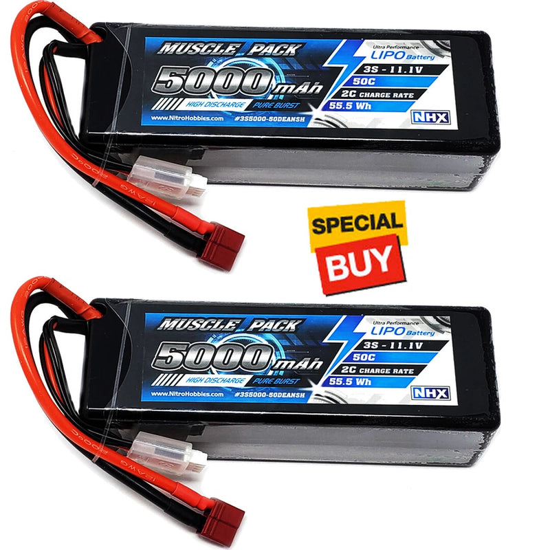 NHX Muscle Pack 3S 11.1V 5000mAh 50C Hard Case Lipo Battery (2) w/ Deans Connect Battery