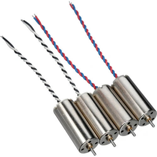 4-pack RC motors with silver cylinders and red-blue wiring harness