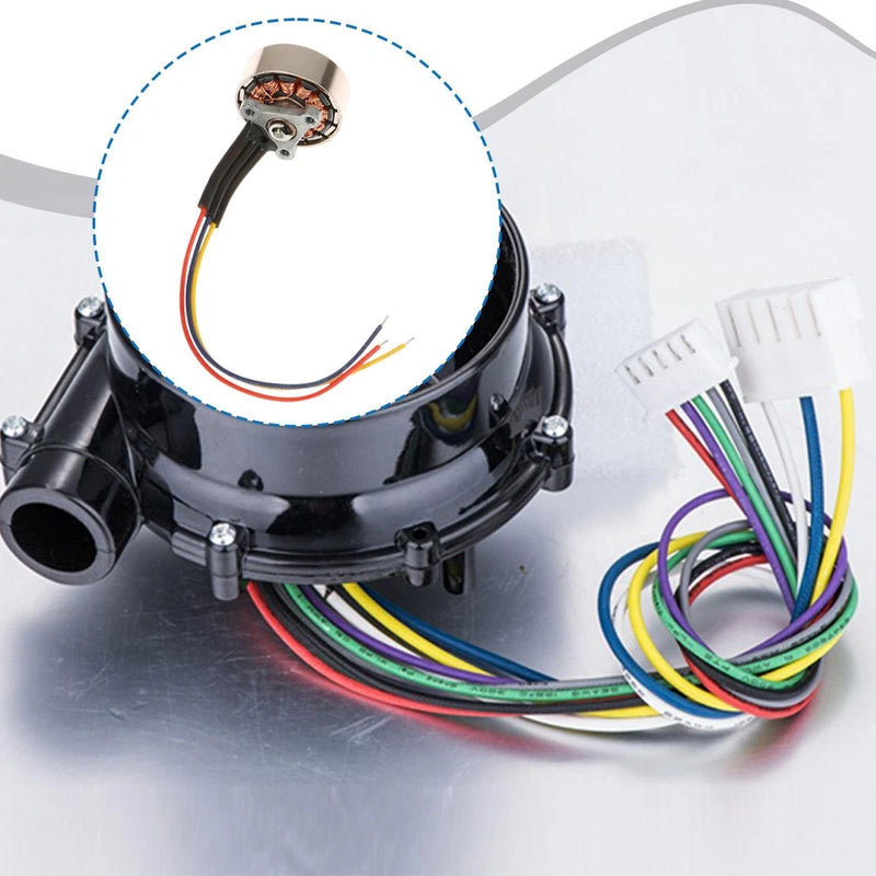 Black brushless drone motor assembly with wiring harness and output shaft housing