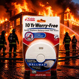 Kidde ten-year smoke alarm with emergency safety light, round white detector in box