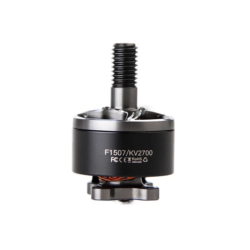 Brushless FPV motor with threaded shaft, label F1507/KV2700, black and silver body