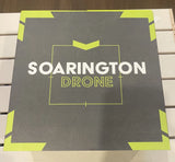 Soarington Drone retail box with logo in white and neon green