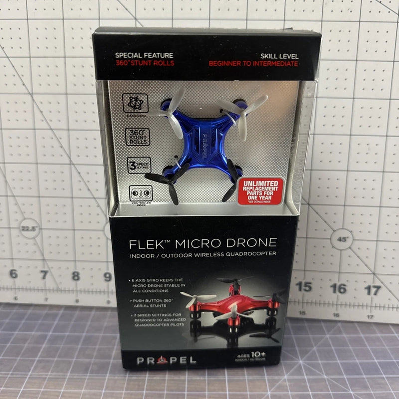 Blue micro quadcopter drone in retail box, indoor/outdoor wireless