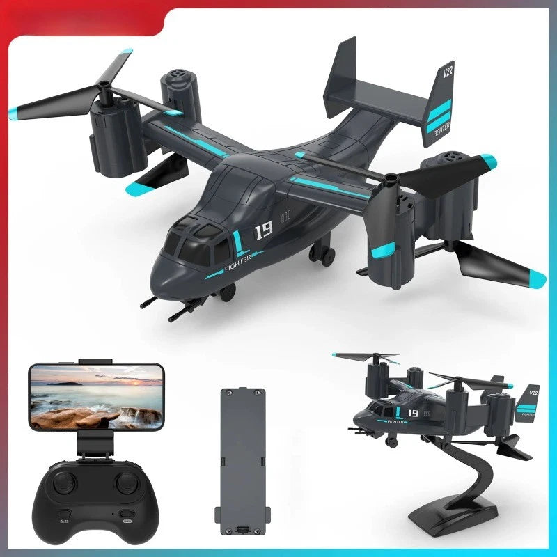 Black drone toy with teal LEDs, remote controller and phone mount
