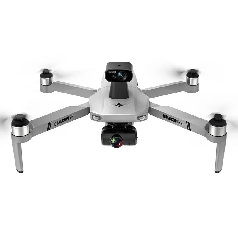 Quadcopter drone with front camera gimbal and four propeller arms