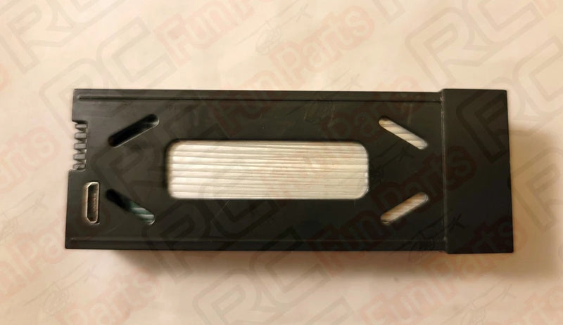 Rectangular black drone battery pack with vent slots and metal contacts