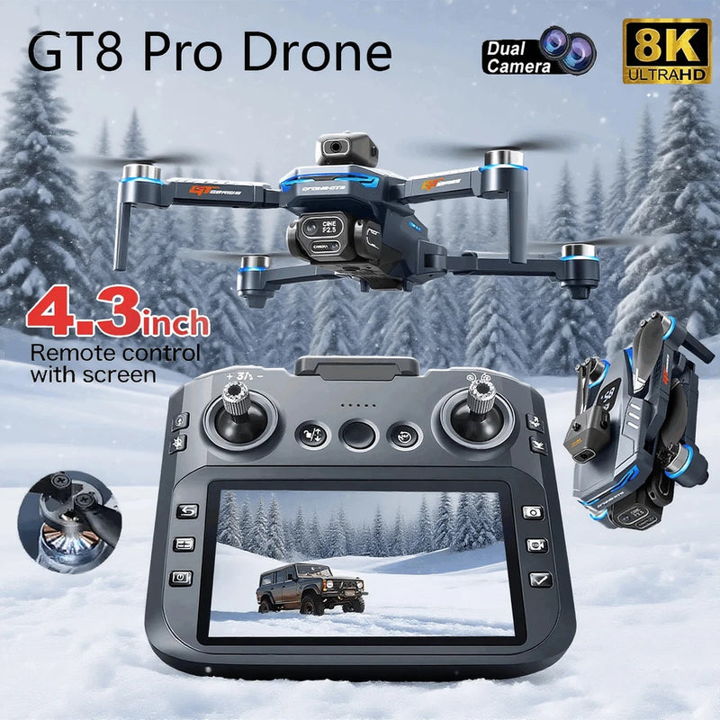 Gray quadcopter drone with dual camera and handheld controller with screen