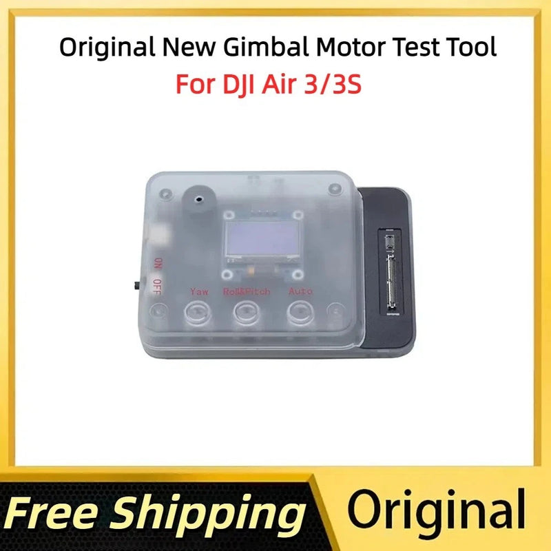 Gray gimbal motor test tool board with small display, buttons, and side connector port
