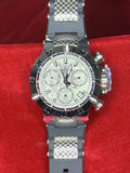 Men's round sport watch with silver metal bracelet, black bezel, white dial and subdials