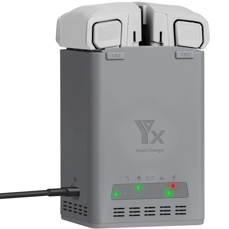 Smart battery fast charger with CH1/CH2 slots, LED indicators, and vented base