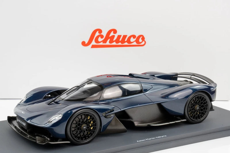 1:18 resin model sports car in blue and black, front three-quarter view