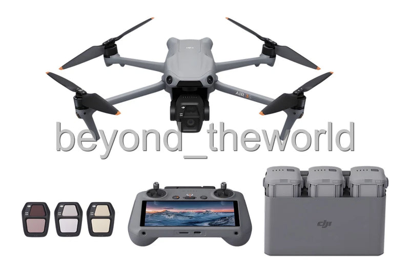 Foldable camera drone with controller and spare batteries, gray body
