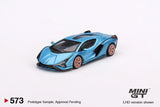 Mini GT 1:64 Lamborghini model car, blue with orange wheels