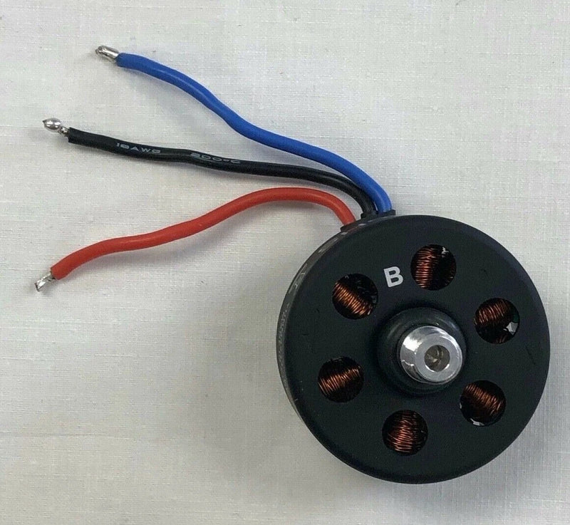 Black drone motor B with copper windings and circular mount, with blue and red wires
