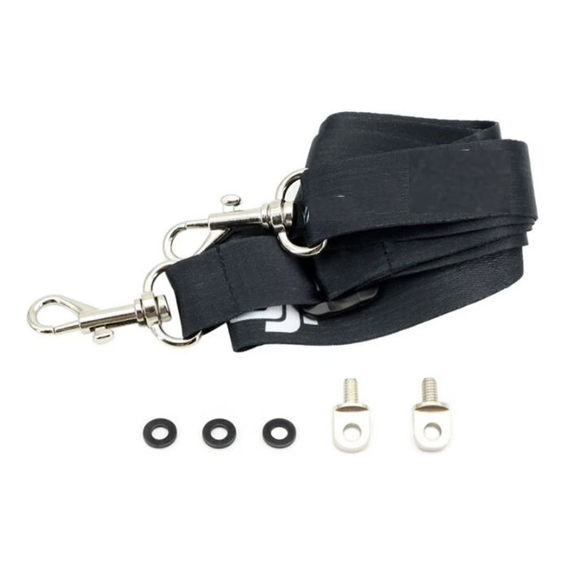 Black drone remote lanyard strap with metal clips and mounting hardware, spare rings