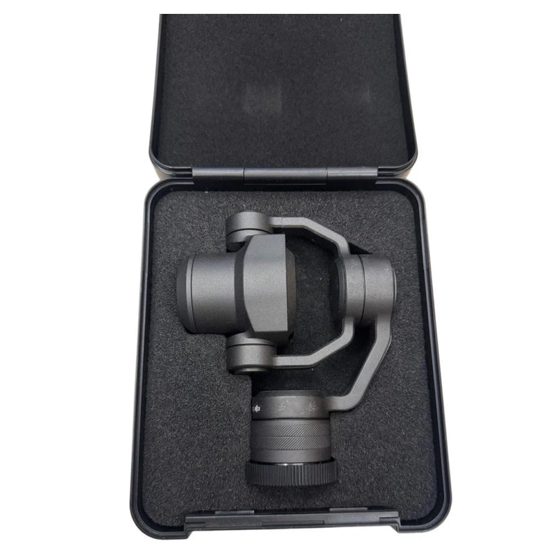 Gray gimbal camera module with 24mm F2.8 lens in protective case