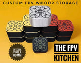 Stackable 65mm FPV whoop storage case with magnetic lids, shown in multiple colors