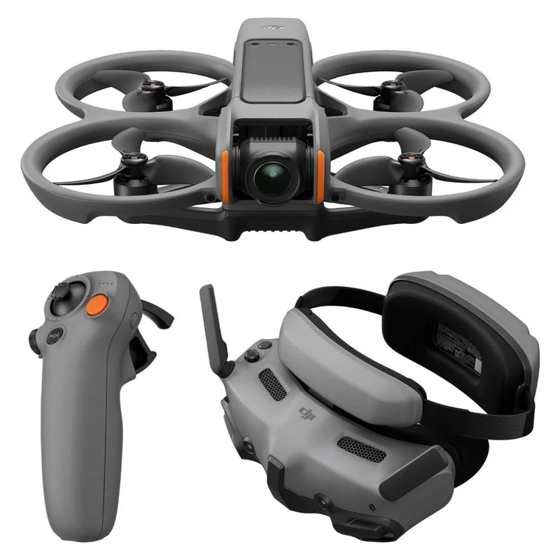 Black FPV drone quadcopter with remote controller and goggles