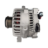 Alternator unit with belt pulley, vented housing, and electrical connector.