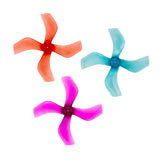Quad-blade micro FPV drone propellers in orange, blue, and purple