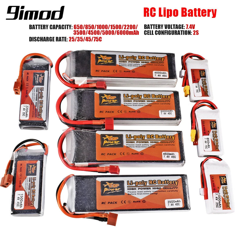 Zop Power 7.4V 2S Lipo Battery 25C-75C XT60 / T Plug JST for RC Car Boat Drone