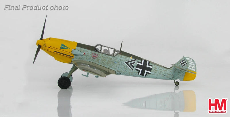 Scale WWII fighter aircraft model with yellow nose and Luftwaffe markings