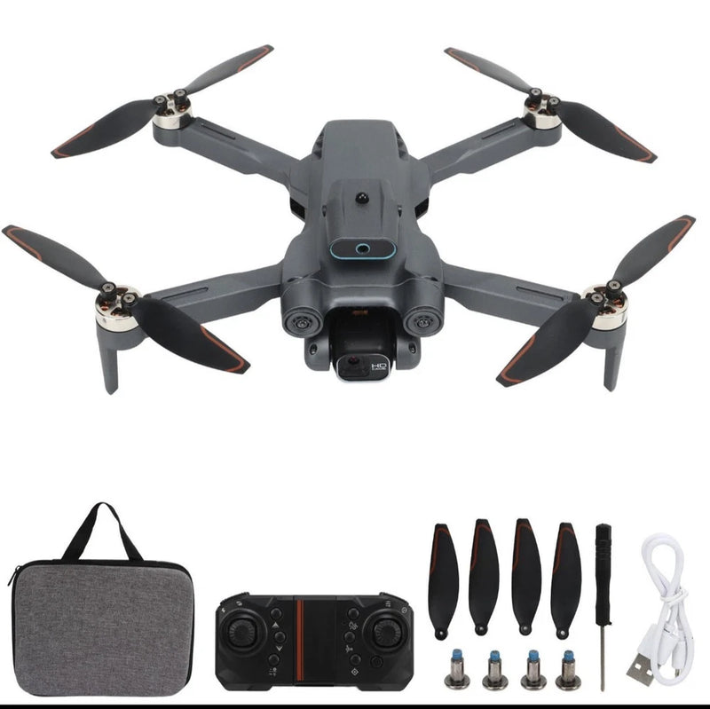 Foldable quadcopter drone kit with controller, spare propellers, and carrying bag