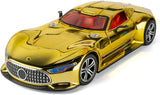 Metallic gold die-cast sports car model with pull-back action, blue accents, chrome wheels