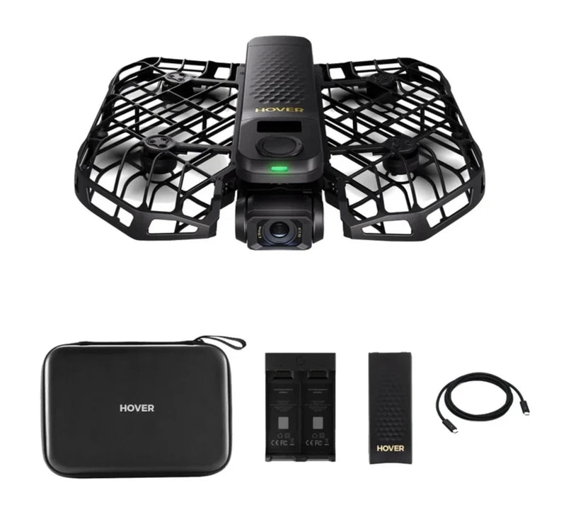 HOVER drone with front camera, carrying case, two batteries, and accessory cable