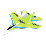 RadioLink SU27 fixed-wing model airplane with green, white, and blue wings
