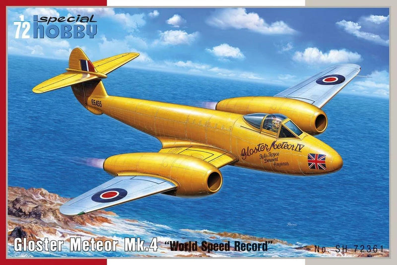 1/72 scale Gloster Meteor Mk.4 jet model in yellow with RAF roundels