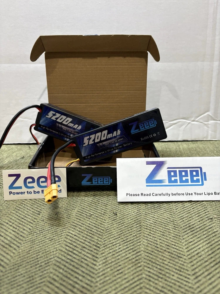 Zeee 5200MAH 80C 7.4V 2S Hardcase Lipo Batteries. Box of Two. Battery