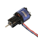 Detrum brushless outrunner RC motor with blue housing, front shaft, wire leads