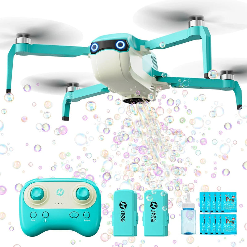 Turquoise RC bubble drone set with controller, batteries, and bubble refills