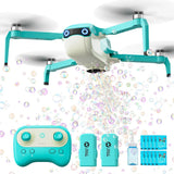 Turquoise RC bubble drone set with controller, batteries, and bubble refills