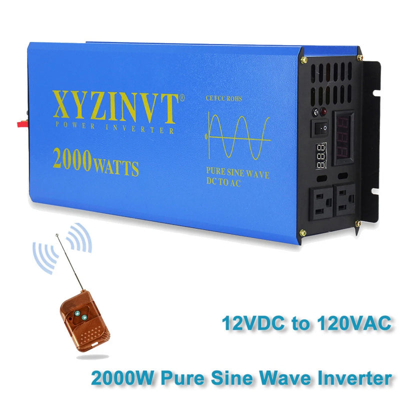 Pure Sine Wave Inverter 12V to 120V Power Inverter 2000W Solar Home Car Remote