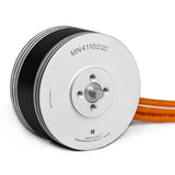 T-Motor MN4110 brushless RC motor with silver body, black bell, and orange wires