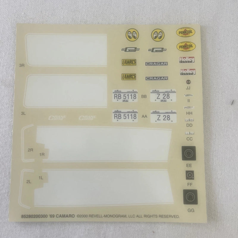 Monogram '69 Camaro #85-2802  1:12 Scale -decal Only