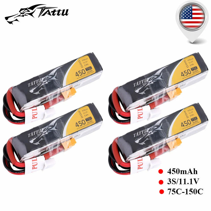 4Pcs Tattu 450mAh 75C 11.1V Lipo Battery 3S XT30 Plug For FPV H Frame Quadcopter Battery