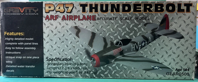 RC P-47 Thunderbolt ARF airplane model kit box art, gray and red markings