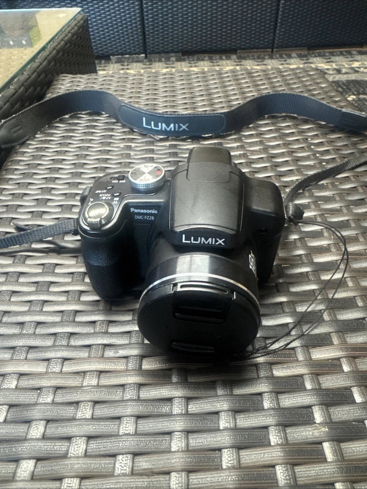 Panasonic LUMIX DMC-FZ28 digital camera with attached lens, black body